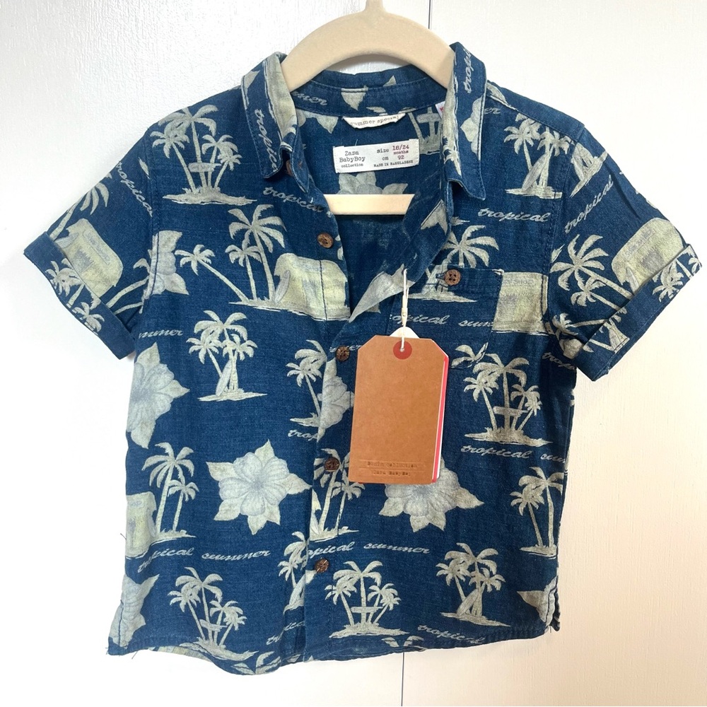 NEW WITH TAGS Zara Baby Boy 18-24 Months Linen Button Down Tropical Shirt